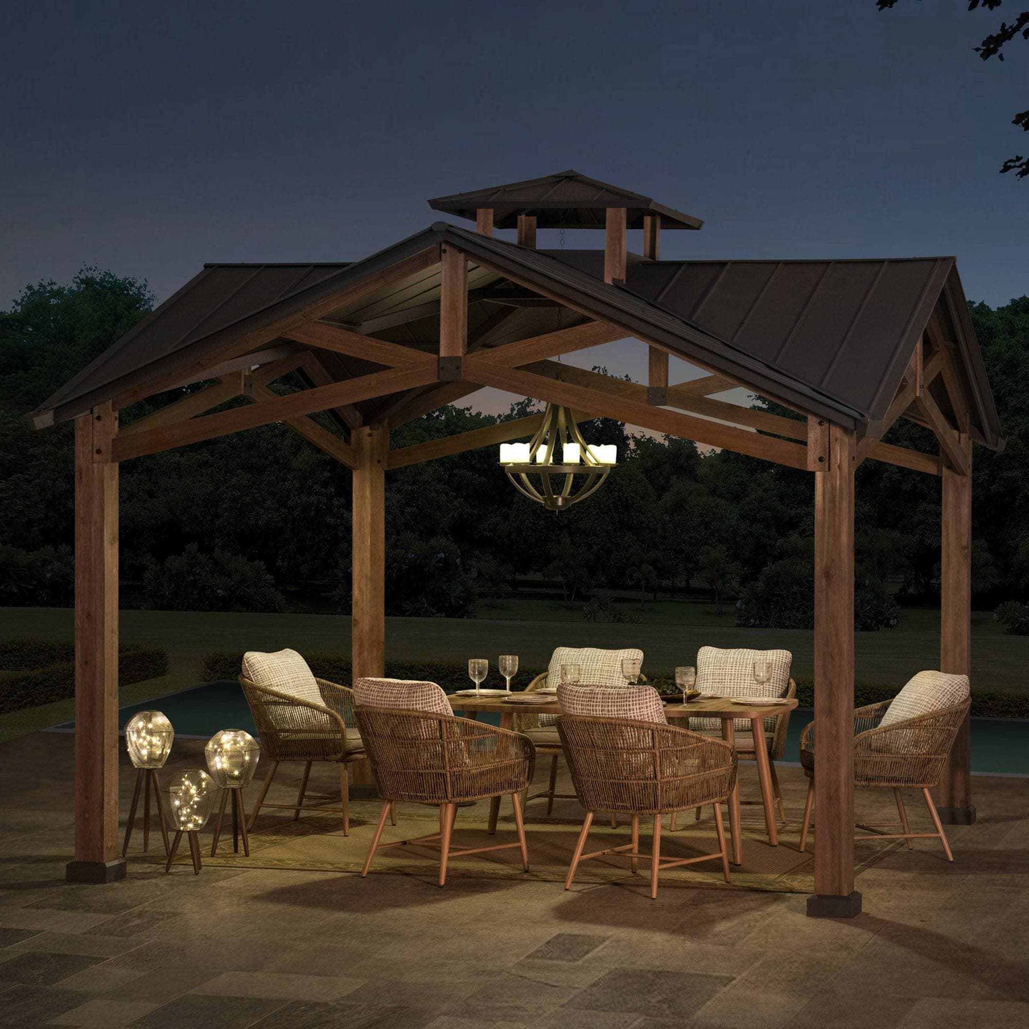 12.5x12.5 Wooden Frame Hardtop Gazebo with Ceiling Hook