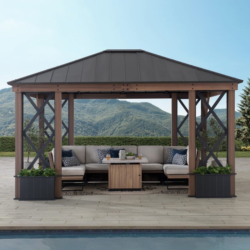 13x15 Aluminum Framed Hard Top Gazebo with Planters