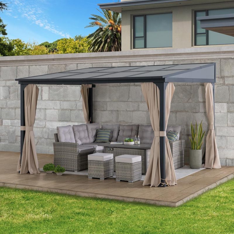 10x12 Polycarbonate Roof Wall Mounted Gazebo, Lean to Gazebo with Curtain and Netting