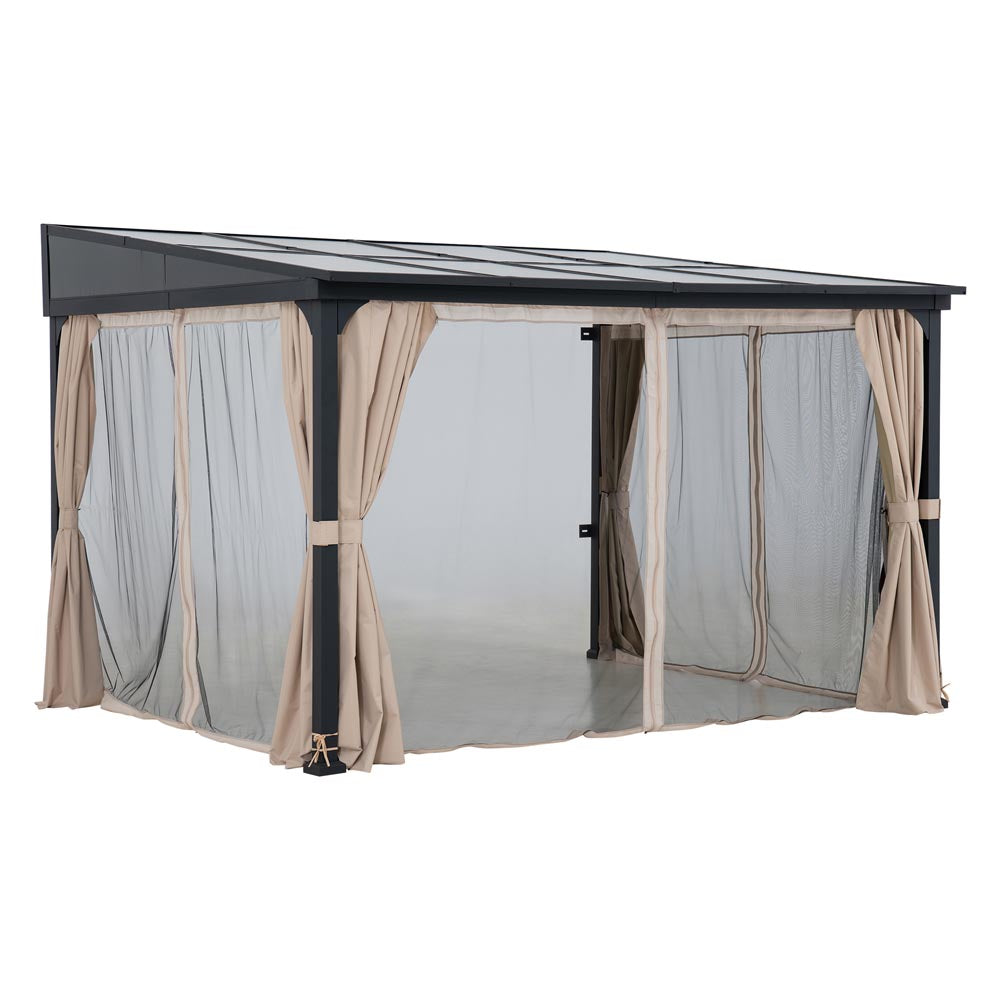 10x12 Polycarbonate Roof Wall Mounted Gazebo, Lean to Gazebo with Curtain and Netting