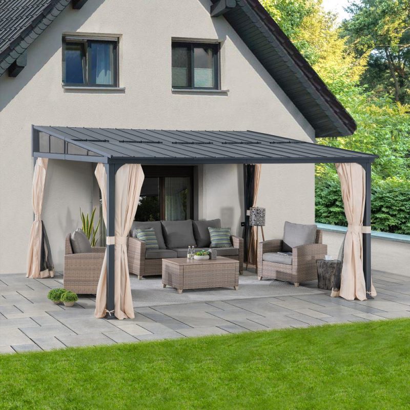 12x14 Metal Roof Wall Mounted Gazebo, Lean to Gazebo with Curtain and Netting