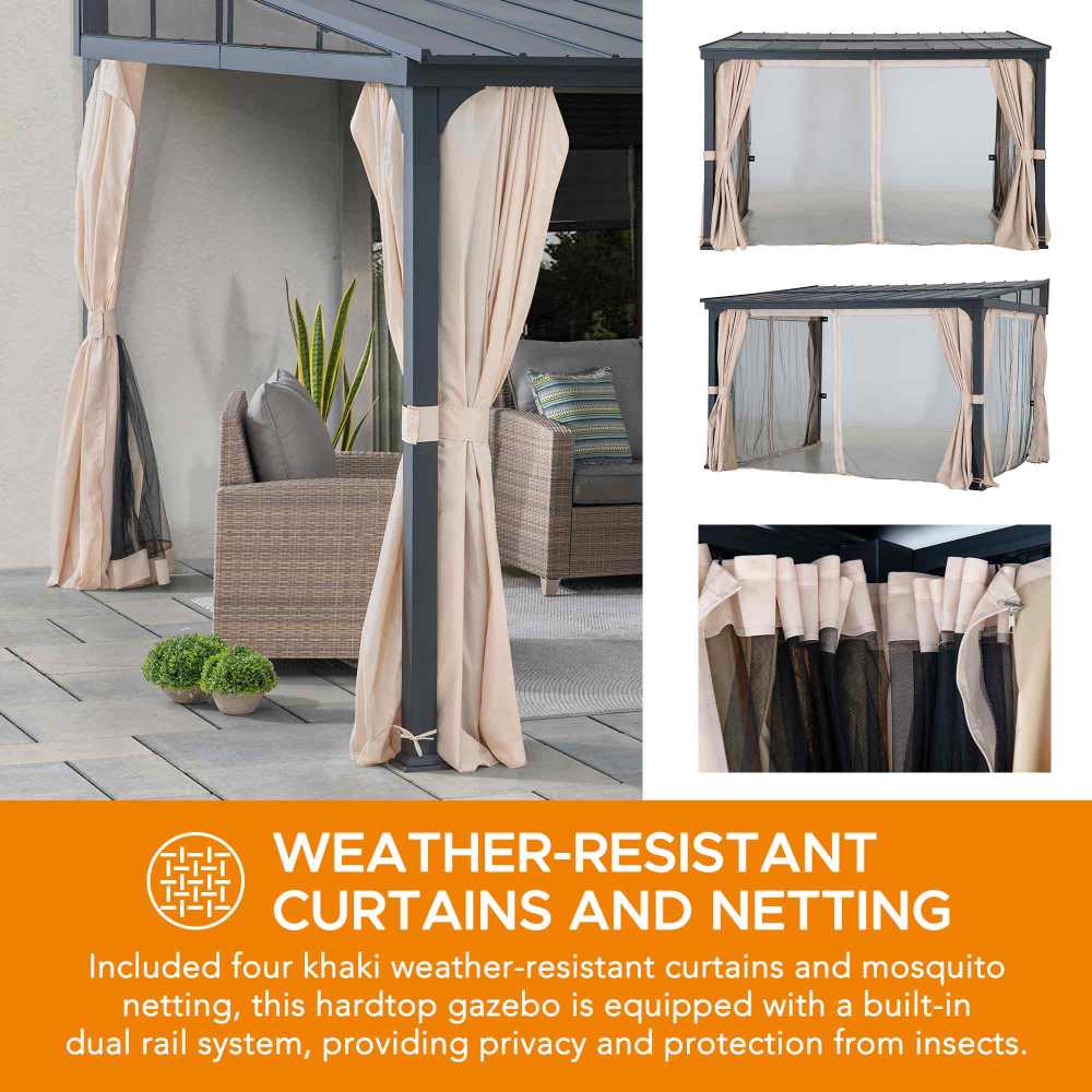 12x14 Metal Roof Wall Mounted Gazebo, Lean to Gazebo with Curtain and Netting