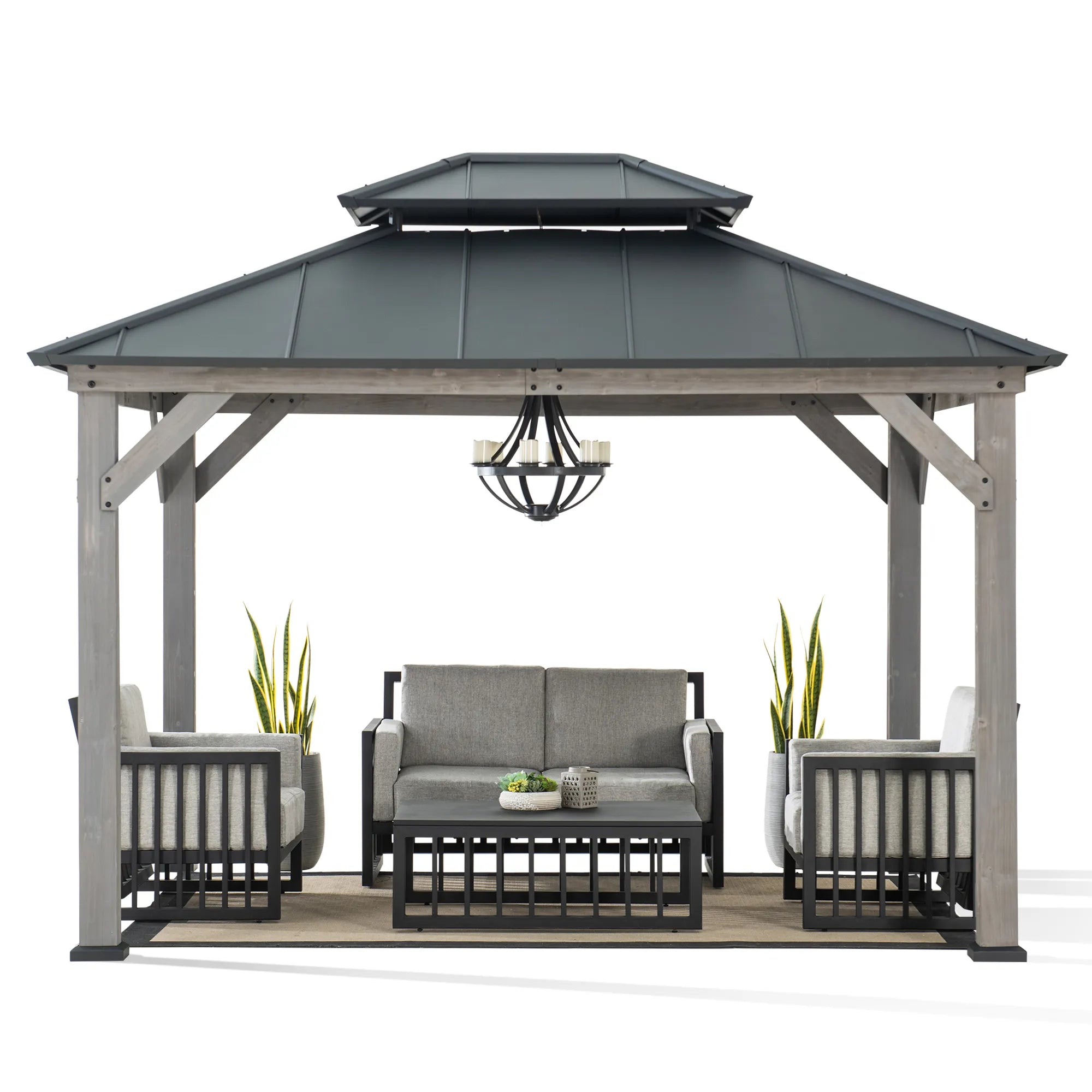 10x12 Wood Gazebo with 2-tier Metal Roof and Ceiling Hook - Driftwood Cedar