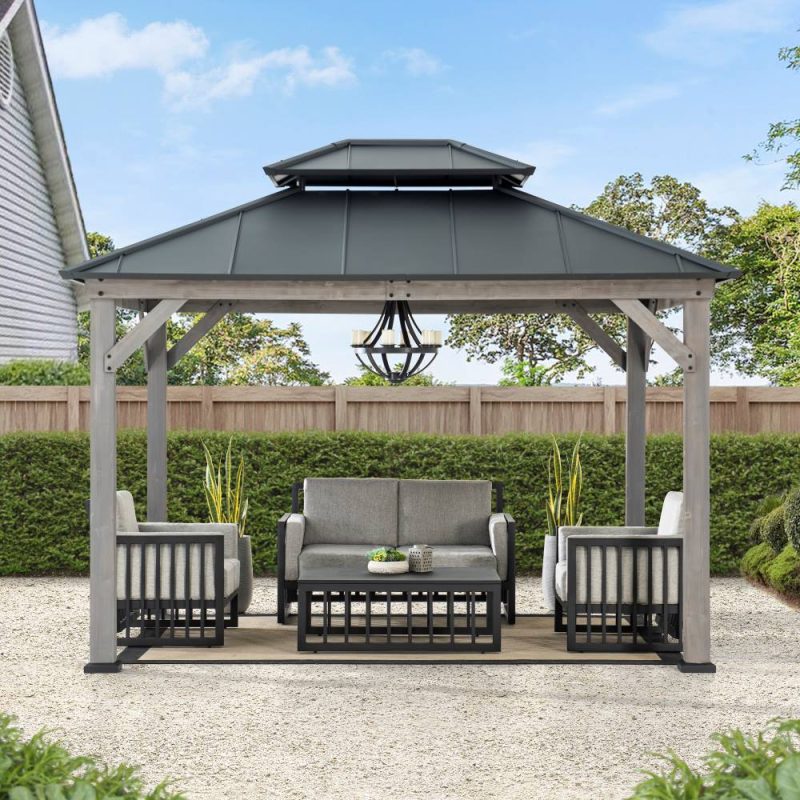 10x12 Wood Gazebo with 2-tier Metal Roof and Ceiling Hook - Driftwood Cedar