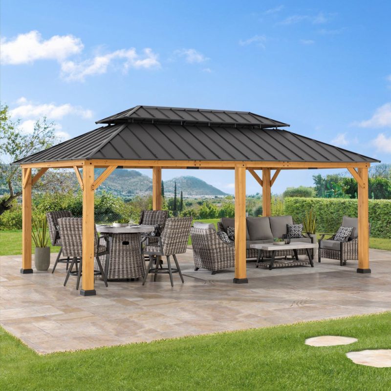 12x20 Patio Wooden Gazebo with Ceiling Hooks - Standard Natural wood