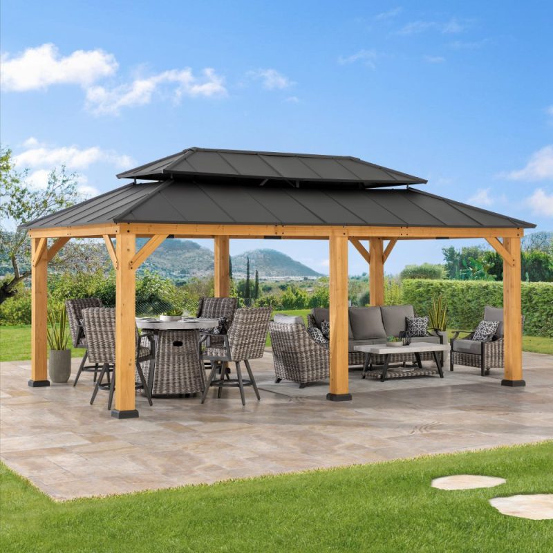 12x20 Aluminum Hardtop Gazebo with Dual Rails and Ceiling Hook - Natural Cedar