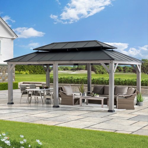 12x20 Aluminum Hardtop Gazebo with Dual Rails and Ceiling Hook - Driftwood Cedar