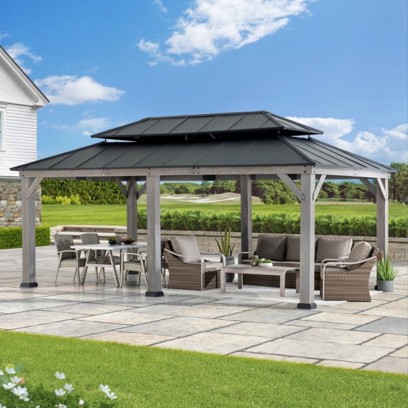 12x20 Aluminum Hardtop Gazebo with Dual Rails and Ceiling Hook - Driftwood Cedar