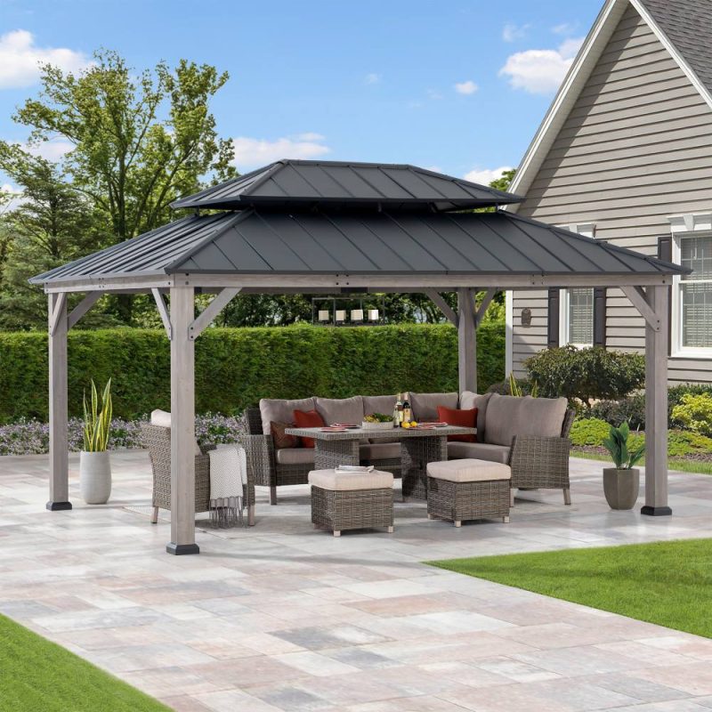 12x16 Wooden Gazebo with 2-tier Metal Roof and Ceiling Hook - Driftwood Cedar