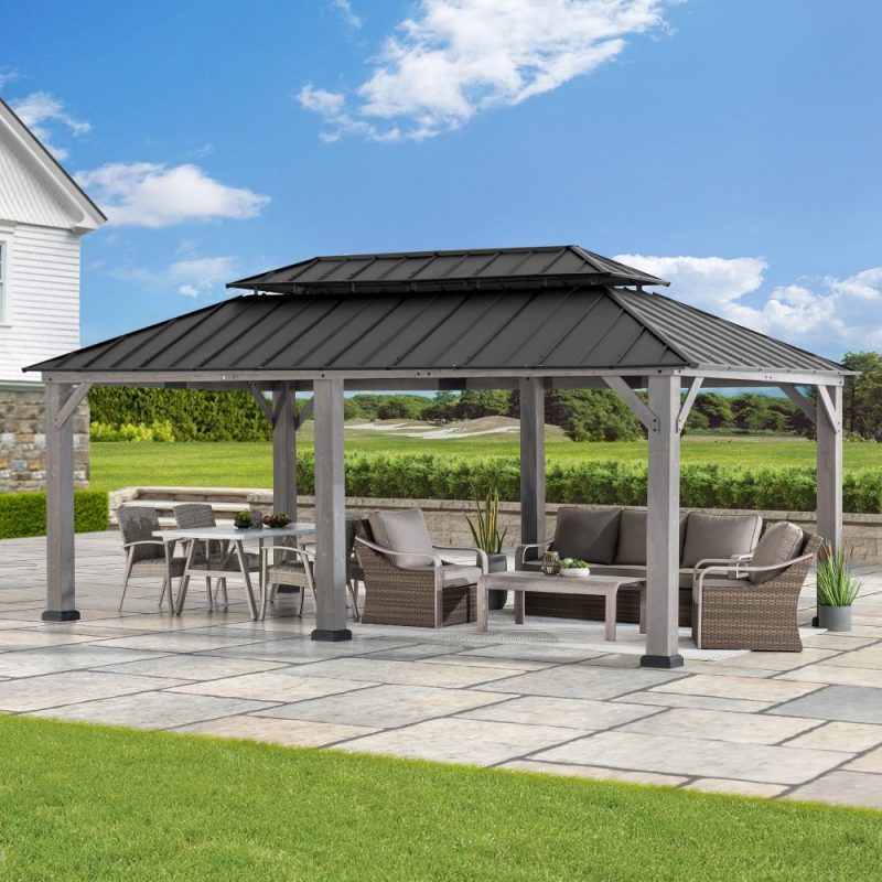 12x20 Cedar Hardtop Gazebo with 2 Ceiling Hooks - Driftwood Cedar