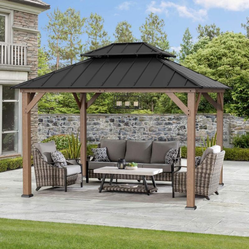 10x12 Cedar Wood Gazebo with Galvanized Steel Roof, LED String Lights & Mosquito Netting - Brown