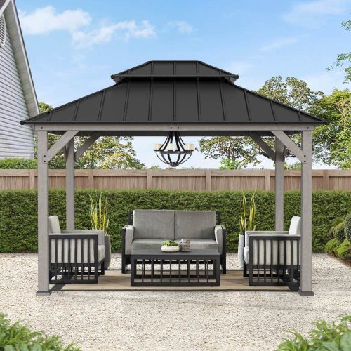 10x12 Cedar Wood Gazebo with Galvanized Steel Roof, LED String Lights & Mosquito Netting - Black