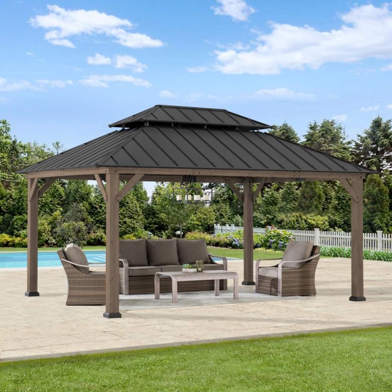 12x16 Cedar Frame Gazebo with Steel Roof, Netting and Ceiling Hook - Weathered Cedar