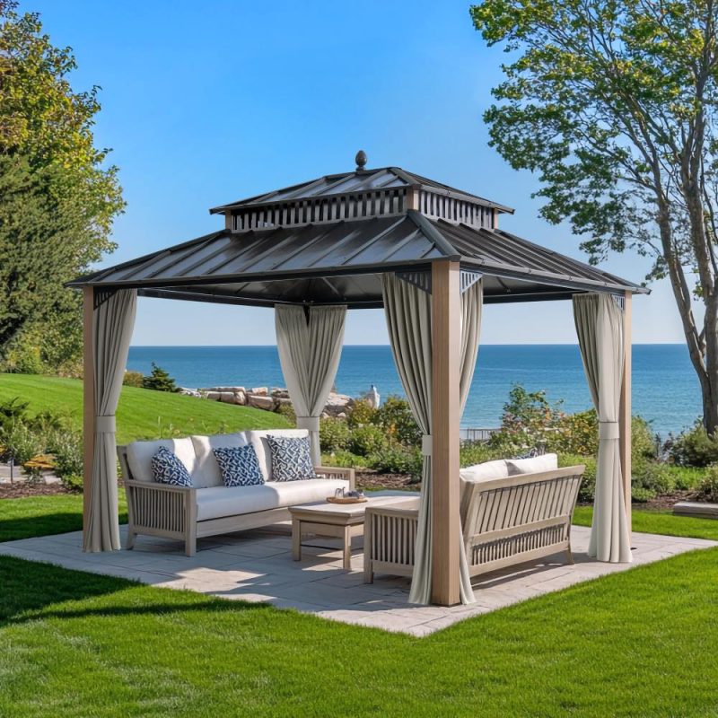 Kingston 12x10 Gazebo with Netting & Curtain | Steel Roof - Woodgrain Aluminum Posts