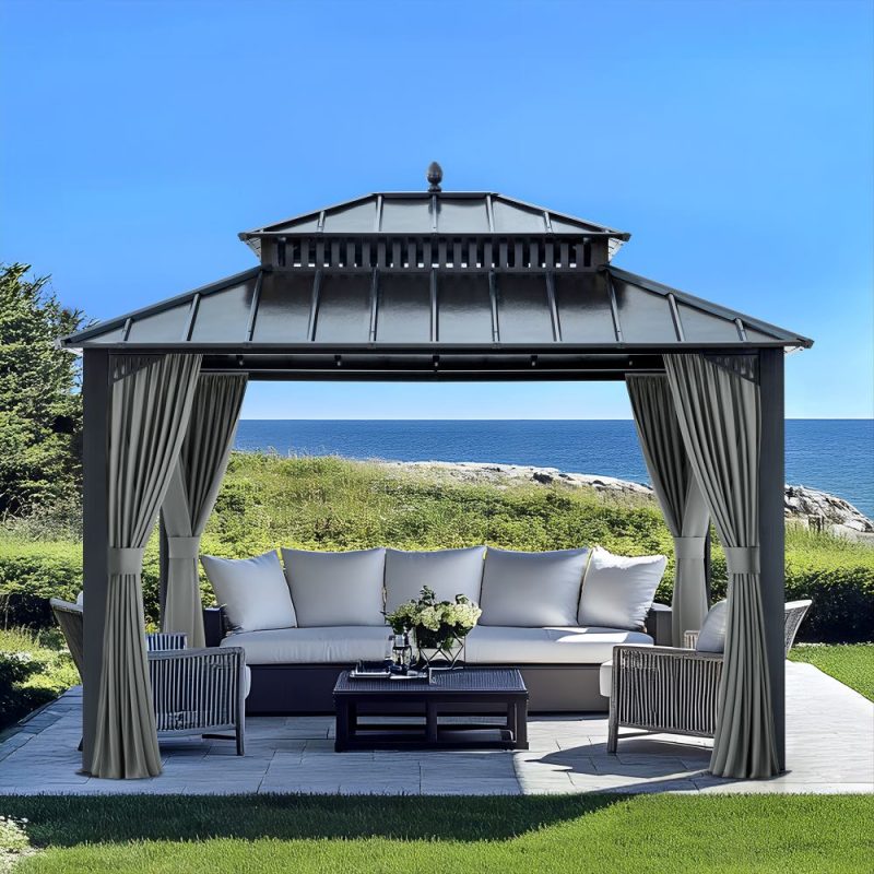 Kingston 12x10 Gazebo with Netting & Curtain | Steel Roof - Gray Aluminum Posts