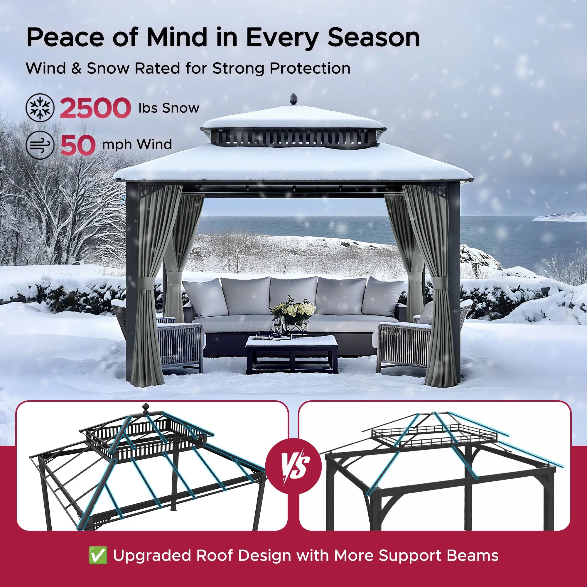 Kingston 12x10 Gazebo with Netting & Curtain | Steel Roof - Gray Aluminum Posts