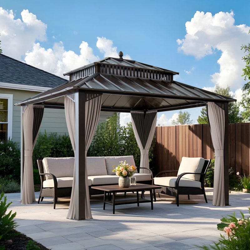 Kingston 12x10 Gazebo with Netting & Curtain | Steel Roof - Brown Aluminum Posts