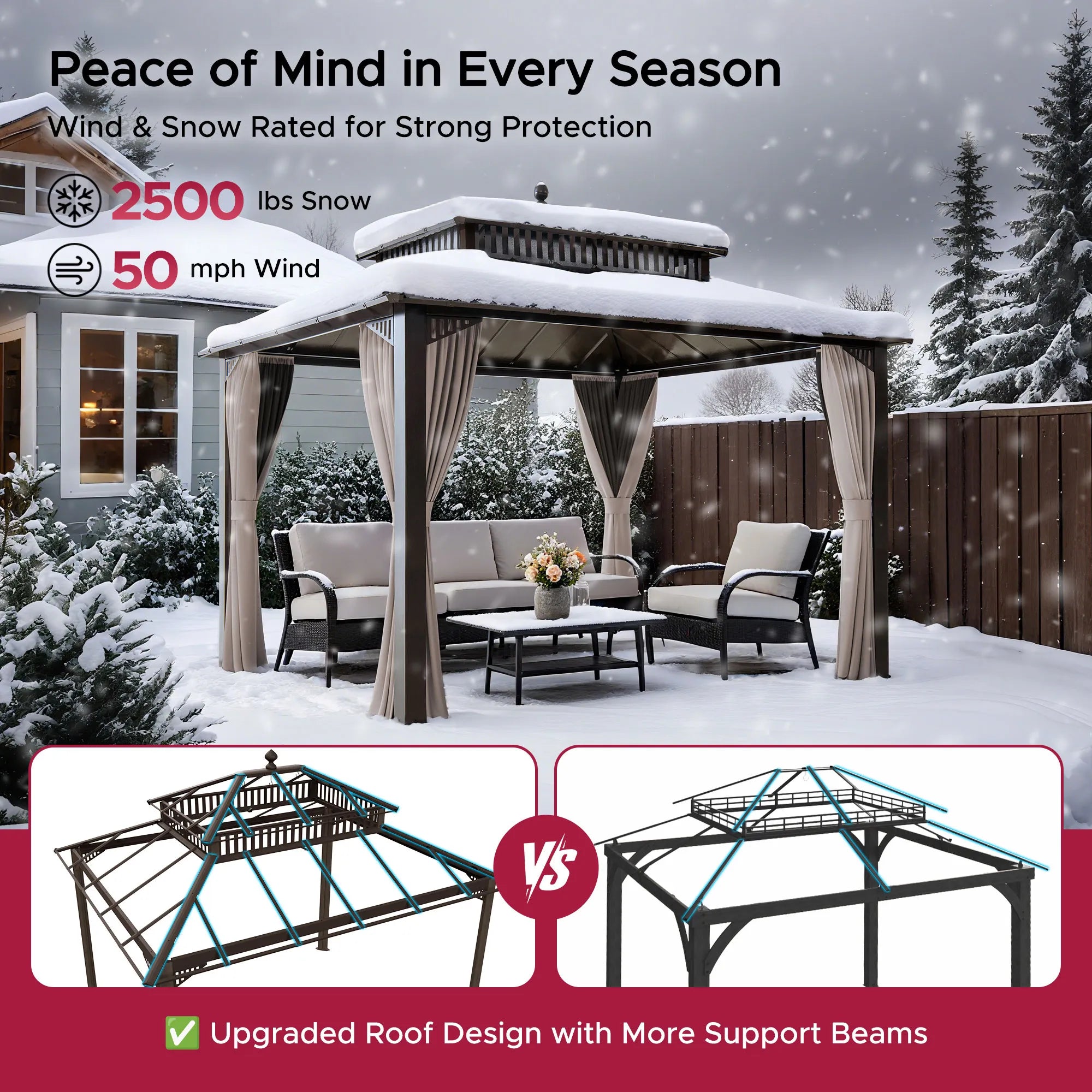 Kingston 12x10 Gazebo with Netting & Curtain | Steel Roof - Brown Aluminum Posts