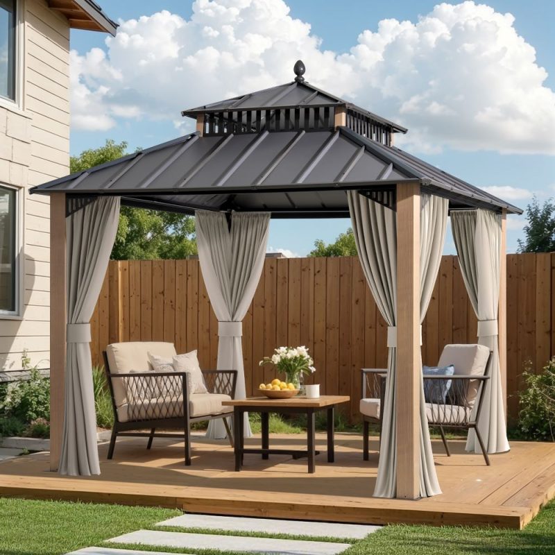 Kingston 10x10 Gazebo with Netting & Curtain | Steel Roof - Woodgrain Aluminum Posts