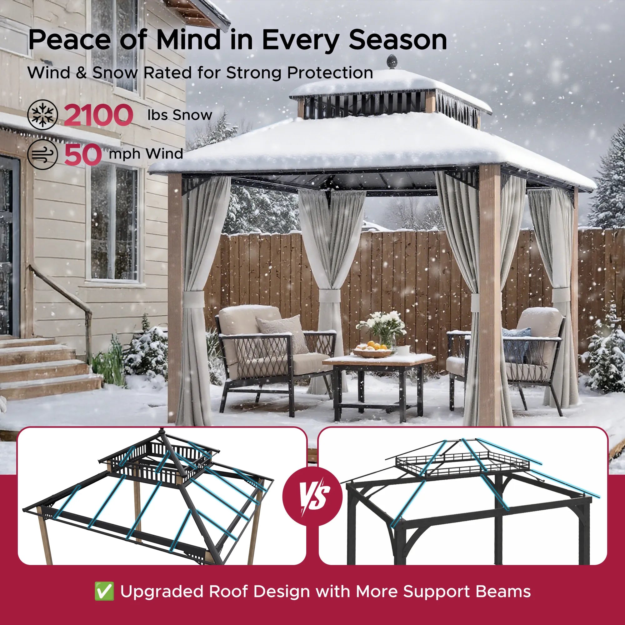 Kingston 10x10 Gazebo with Netting & Curtain | Steel Roof - Woodgrain Aluminum Posts