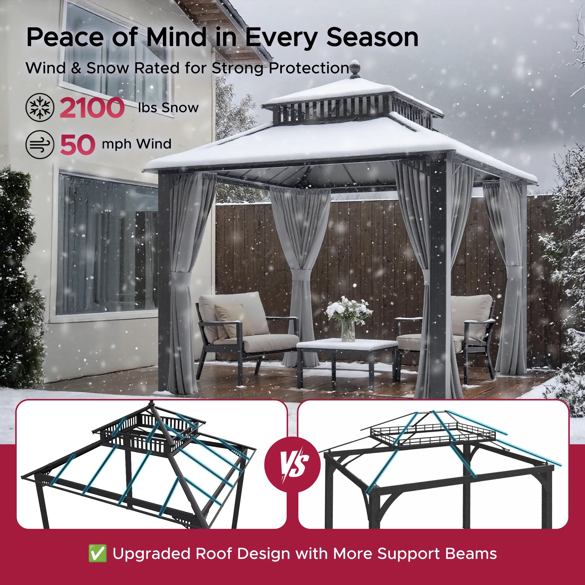 Kingston 10x10 Gazebo with Netting & Curtain | Steel Roof - Gray Aluminum Posts