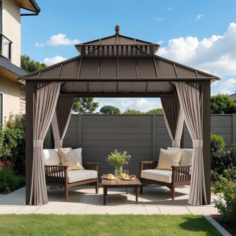 Kingston 10x10 Gazebo with Netting & Curtain | Steel Roof - Brown Aluminum Posts