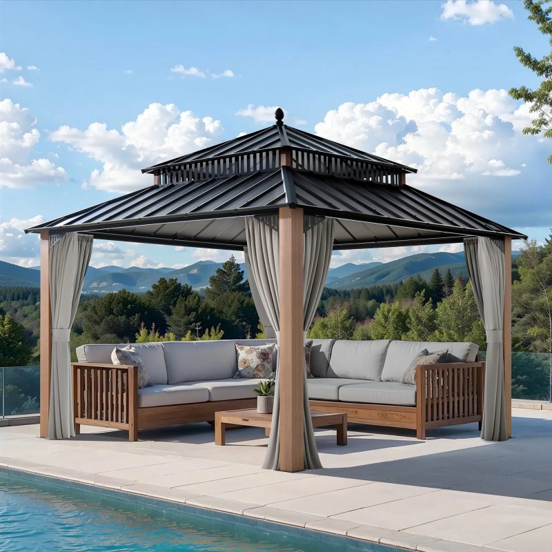 Kingston 12x12 Gazebo with Netting & Curtain | Steel Roof - Woodgrain Aluminum Posts