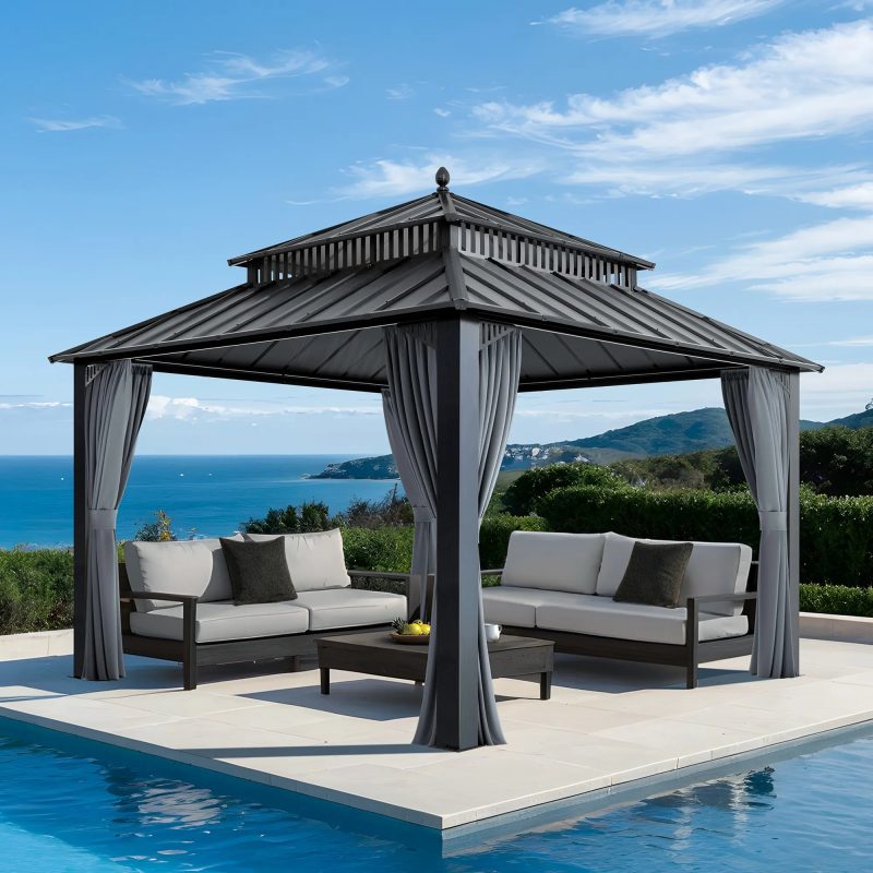 Kingston 12x12 Gazebo with Netting & Curtain | Steel Roof - Gray Aluminum Posts