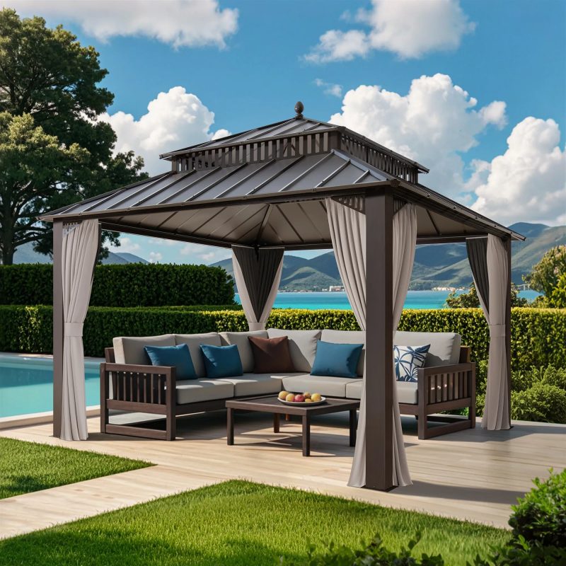 Kingston 12x12 Gazebo with Netting & Curtain | Steel Roof - Brown Aluminum Posts