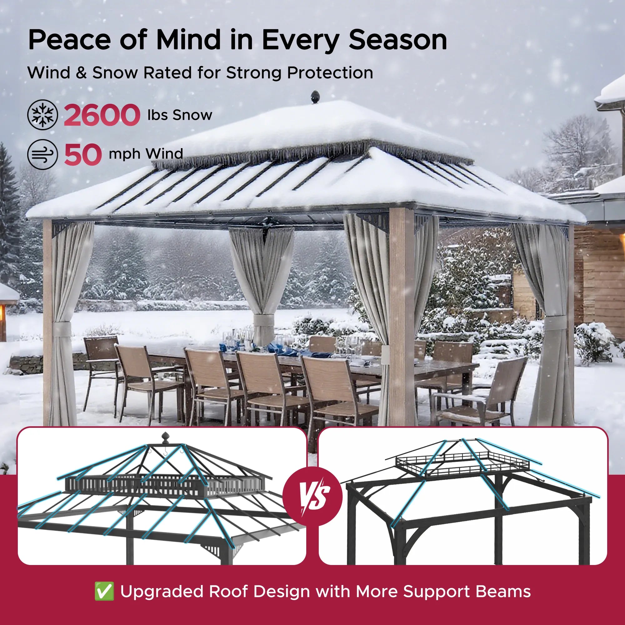 Kingston 12x14 Gazebo with Netting & Curtain | Steel Roof - Woodgrain Aluminum Posts