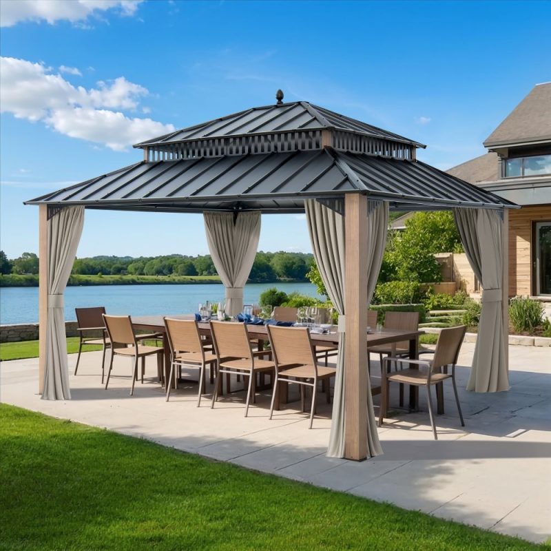 Kingston 12x14 Gazebo with Netting & Curtain | Steel Roof - Woodgrain Aluminum Posts