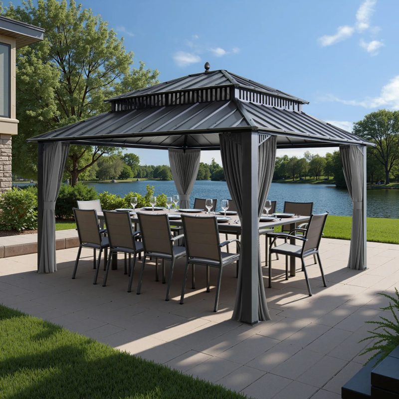 Kingston 12x14 Gazebo with Netting & Curtain | Steel Roof - Gray Aluminum Posts