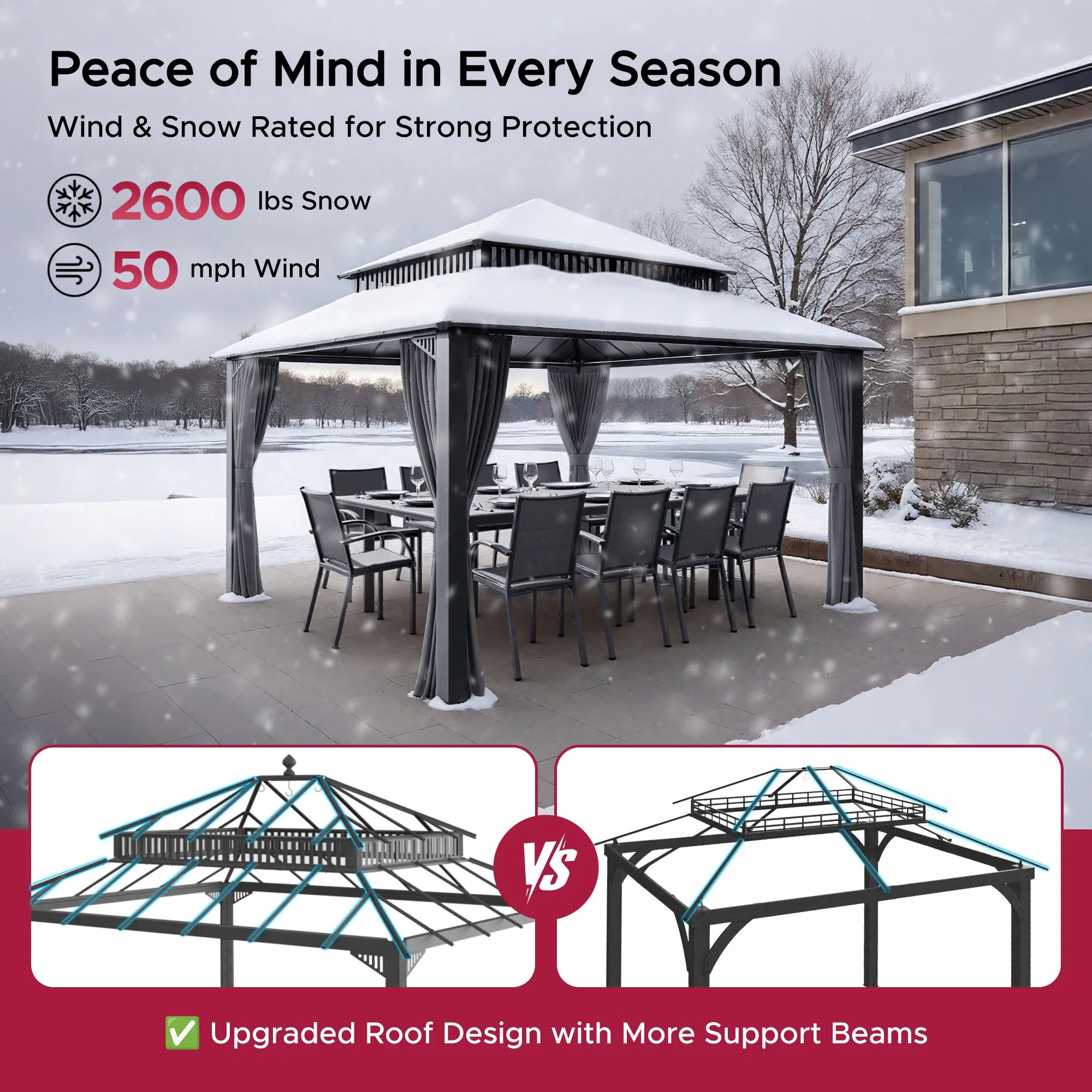 Kingston 12x14 Gazebo with Netting & Curtain | Steel Roof - Gray Aluminum Posts