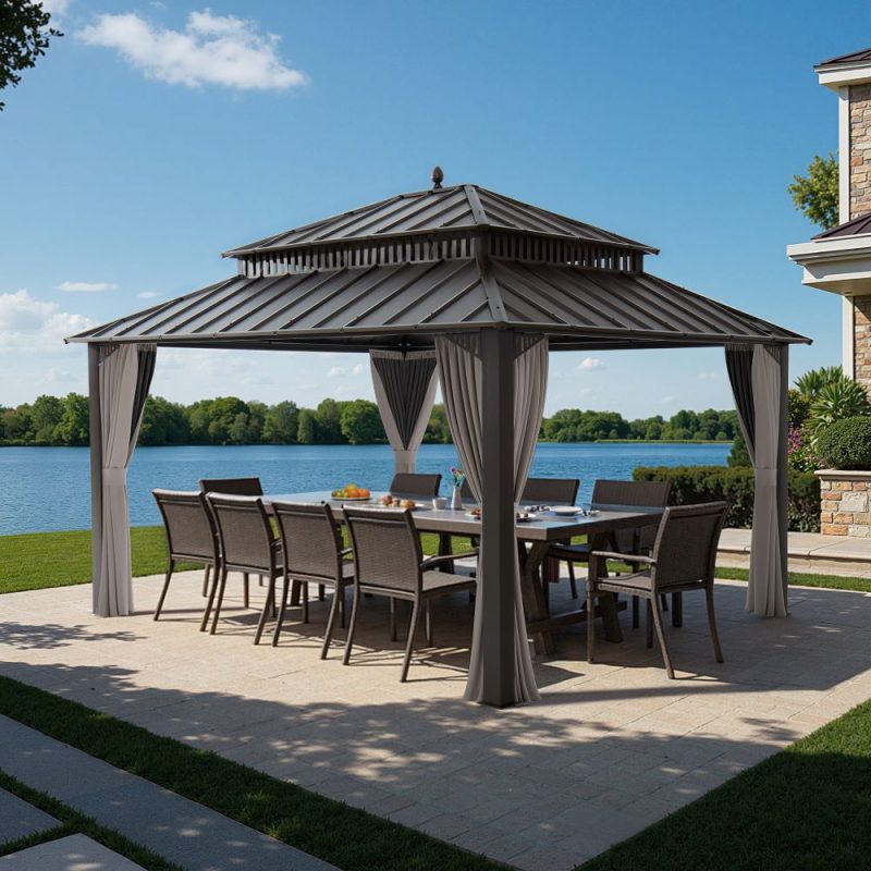 Kingston 12x14 Gazebo with Netting & Curtain | Steel Roof - Brown Aluminum Posts