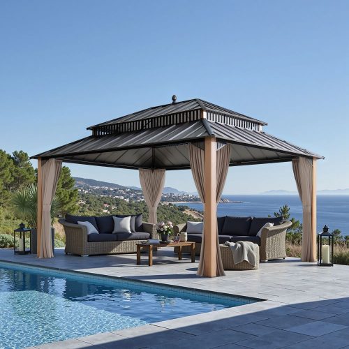 Kingston 12x16 Gazebo with Netting & Curtain | Steel Roof - Woodgrain Aluminum Posts