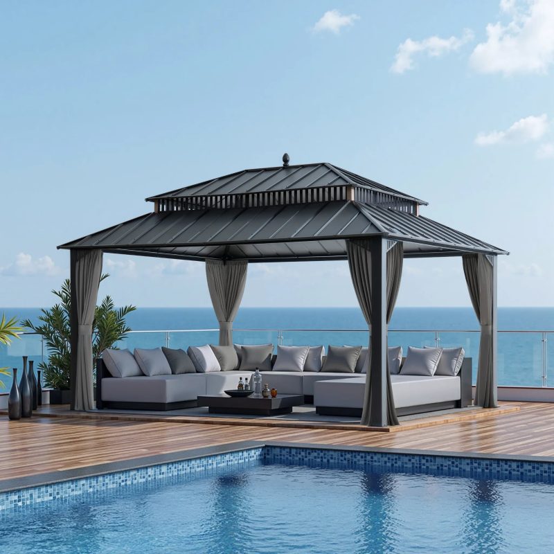 Kingston 12x16 Gazebo with Netting & Curtain | Steel Roof - Gray Aluminum Posts