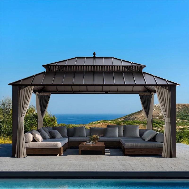Kingston 12x16 Gazebo with Netting & Curtain | Steel Roof - Brown Aluminum Posts