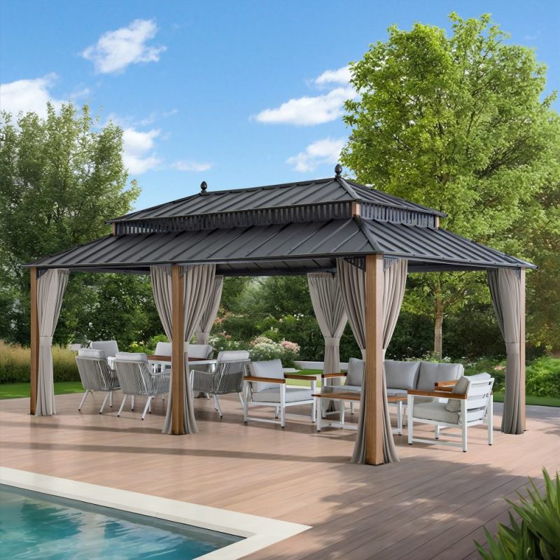 Kingston 12x20 Gazebo with Netting & Curtain | Steel Roof - Woodgrain Aluminum Posts