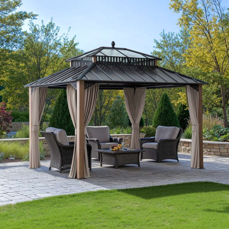 Kingston 12x10 Gazebo with Netting & Curtain | Steel & PC Roof - Woodgrain Aluminum Posts