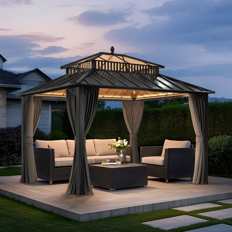 Kingston 12x10 Gazebo with Netting & Curtain | Steel & PC Roof - Gray Aluminum Posts