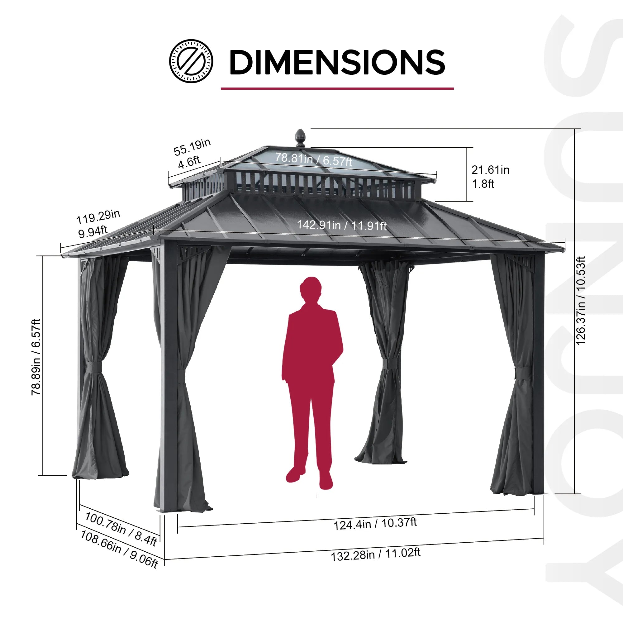 Kingston 12x10 Gazebo with Netting & Curtain | Steel & PC Roof - Gray Aluminum Posts