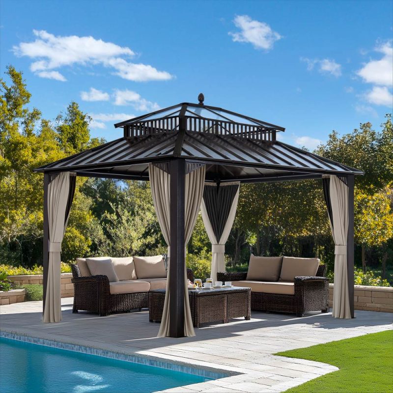 Kingston 12x10 Gazebo with Netting & Curtain | Steel & PC Roof - Brown Aluminum Posts