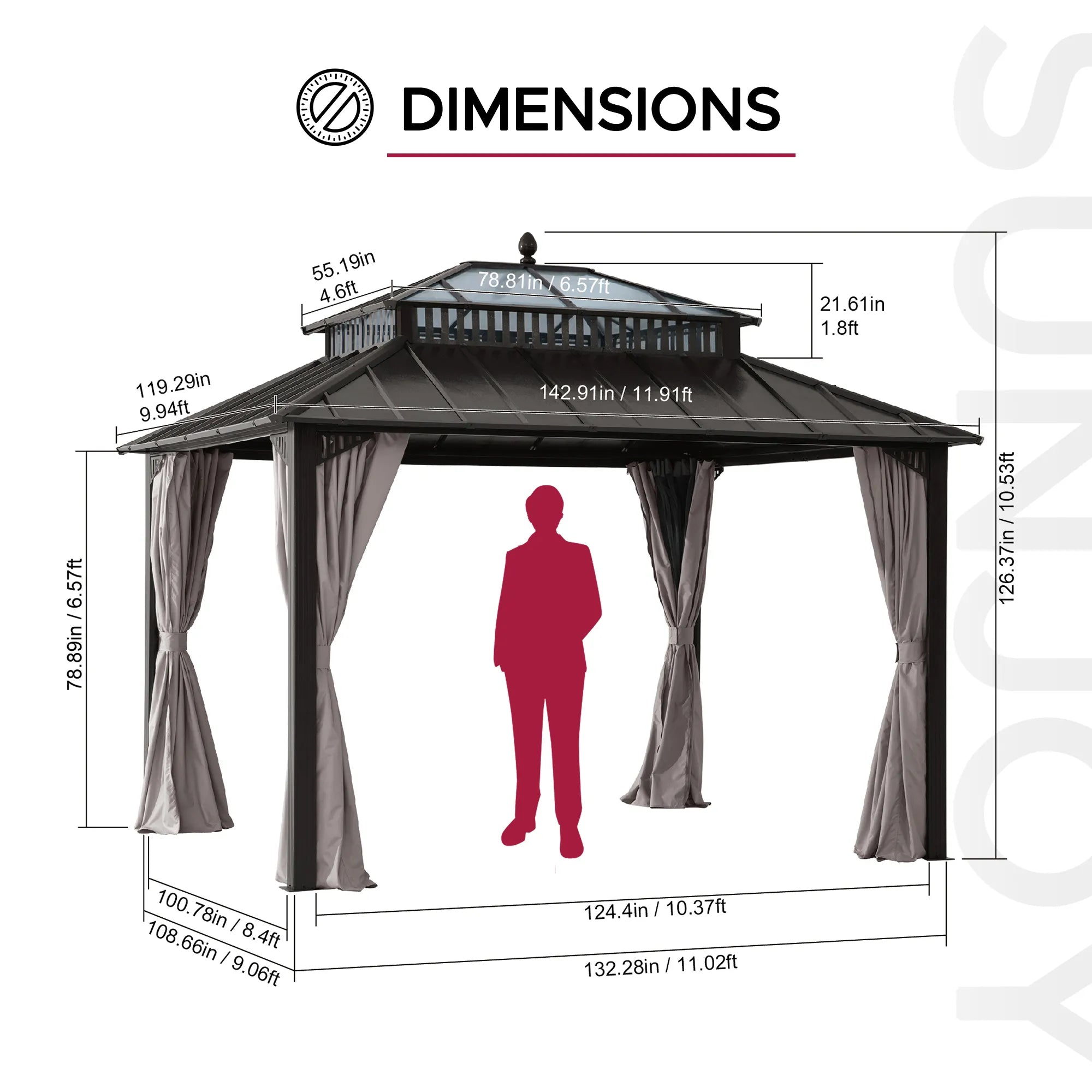 Kingston 12x10 Gazebo with Netting & Curtain | Steel & PC Roof - Brown Aluminum Posts