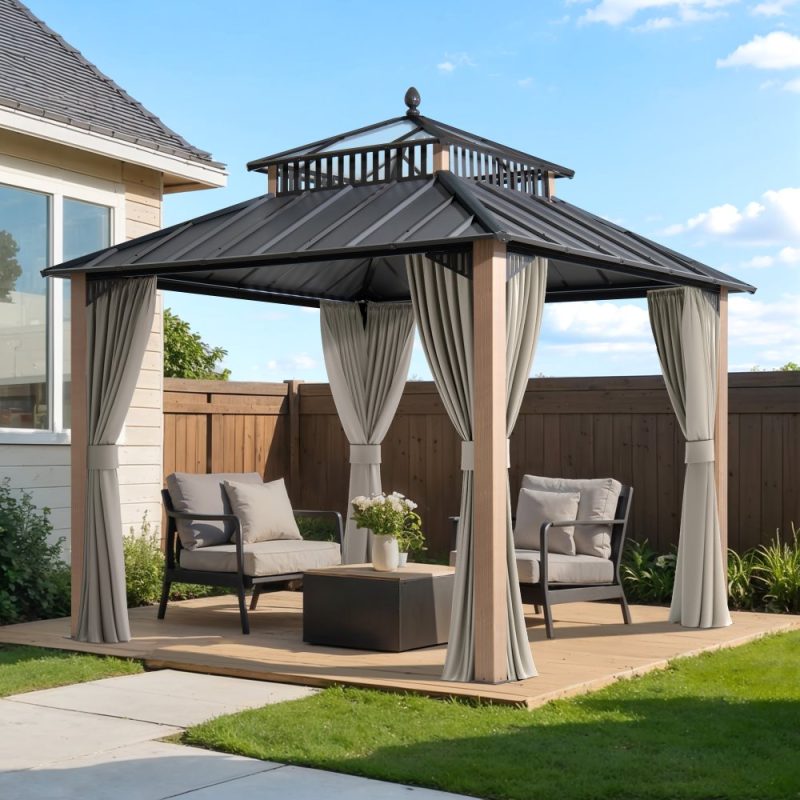 Kingston 10x10 Gazebo with Netting & Curtain | Steel & PC Roof - Woodgrain Aluminum Posts