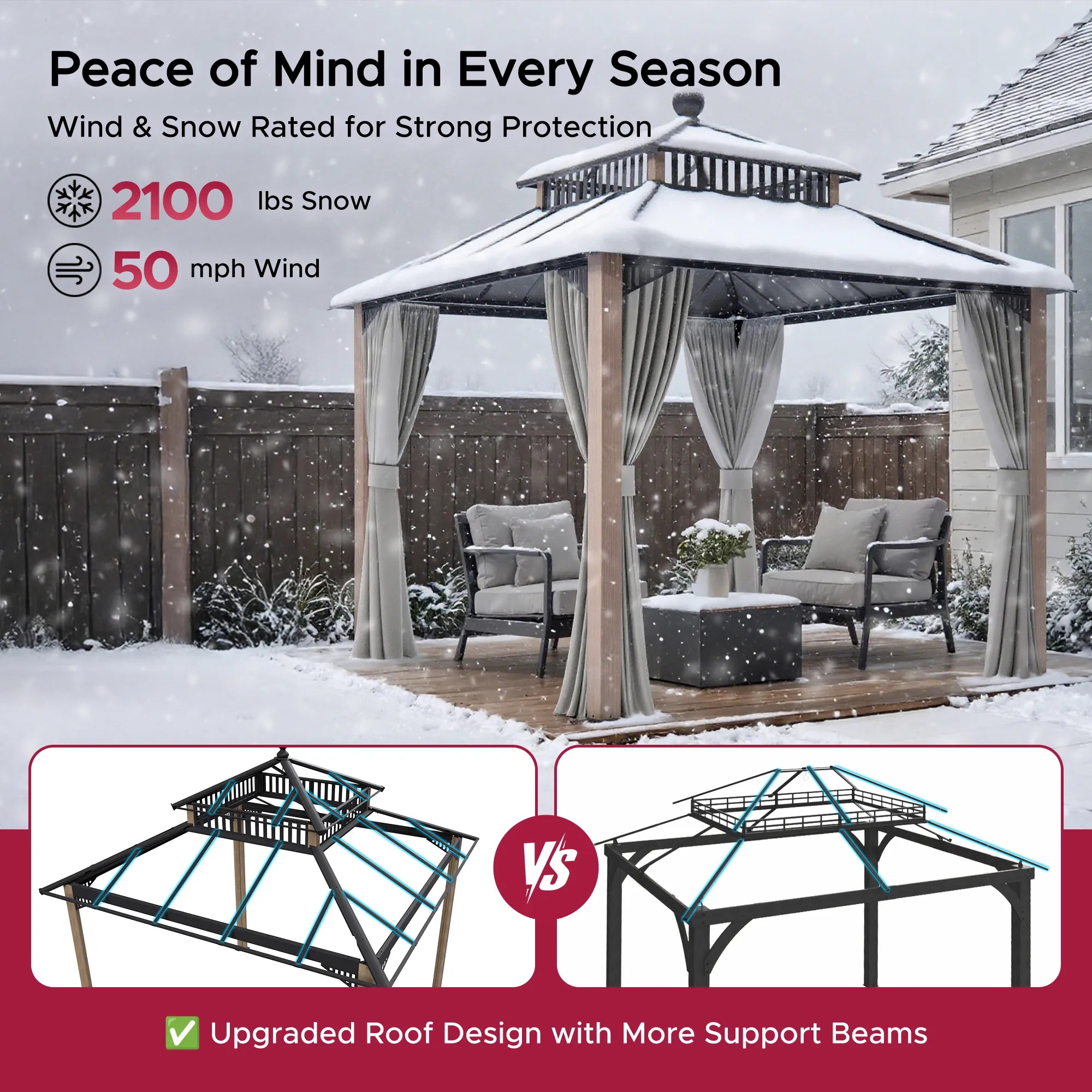 Kingston 10x10 Gazebo with Netting & Curtain | Steel & PC Roof - Woodgrain Aluminum Posts