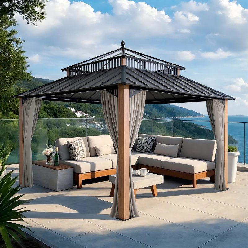 Kingston 12x12 Gazebo with Netting & Curtain | Steel & PC Roof - Woodgrain Aluminum Posts