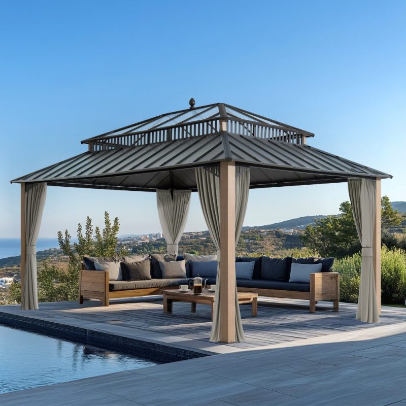 Kingston 12x16 Gazebo with Netting & Curtain | Steel & PC Roof - Woodgrain Aluminum Posts