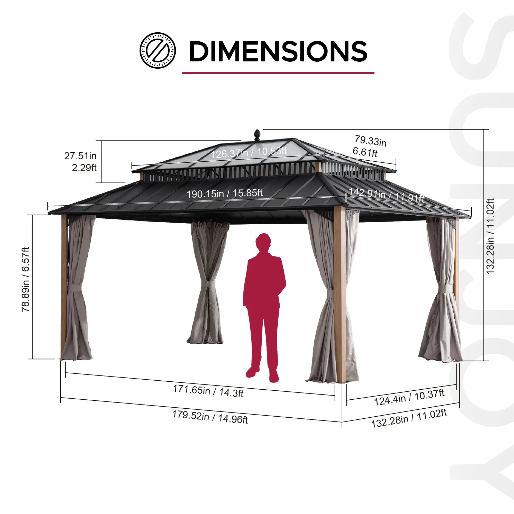 Kingston 12x16 Gazebo with Netting & Curtain | Steel & PC Roof - Woodgrain Aluminum Posts