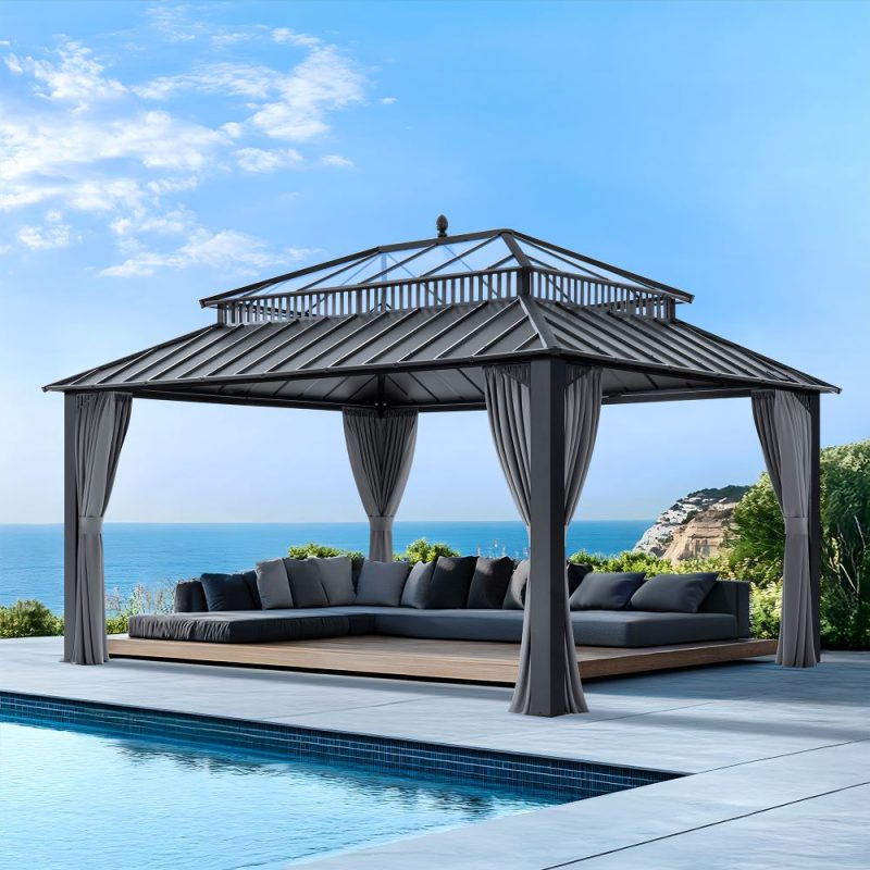 Kingston 12x16 Gazebo with Netting & Curtain | Steel & PC Roof - Gray Aluminum Posts
