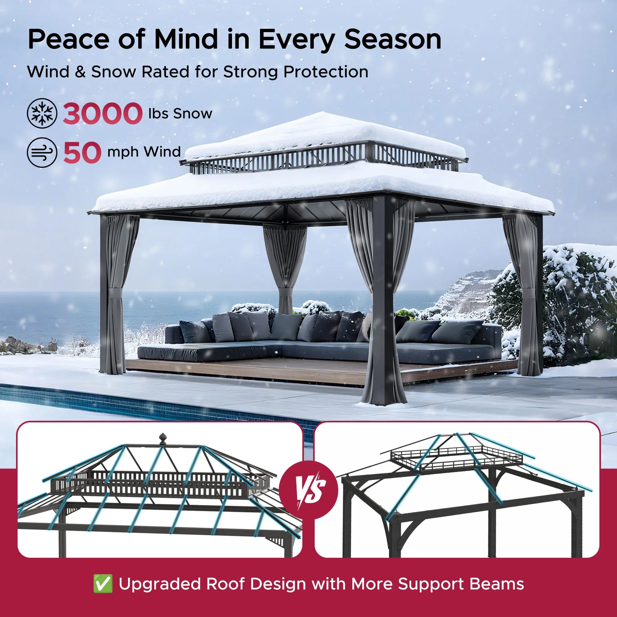Kingston 12x16 Gazebo with Netting & Curtain | Steel & PC Roof - Gray Aluminum Posts